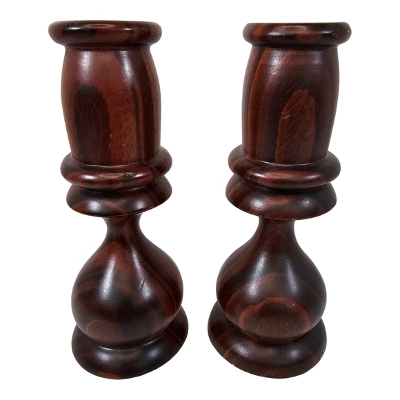 Set of 2 Turned Wood Candlesticks 6" Rustic Boho Farmhouse - Picture 1 of 10